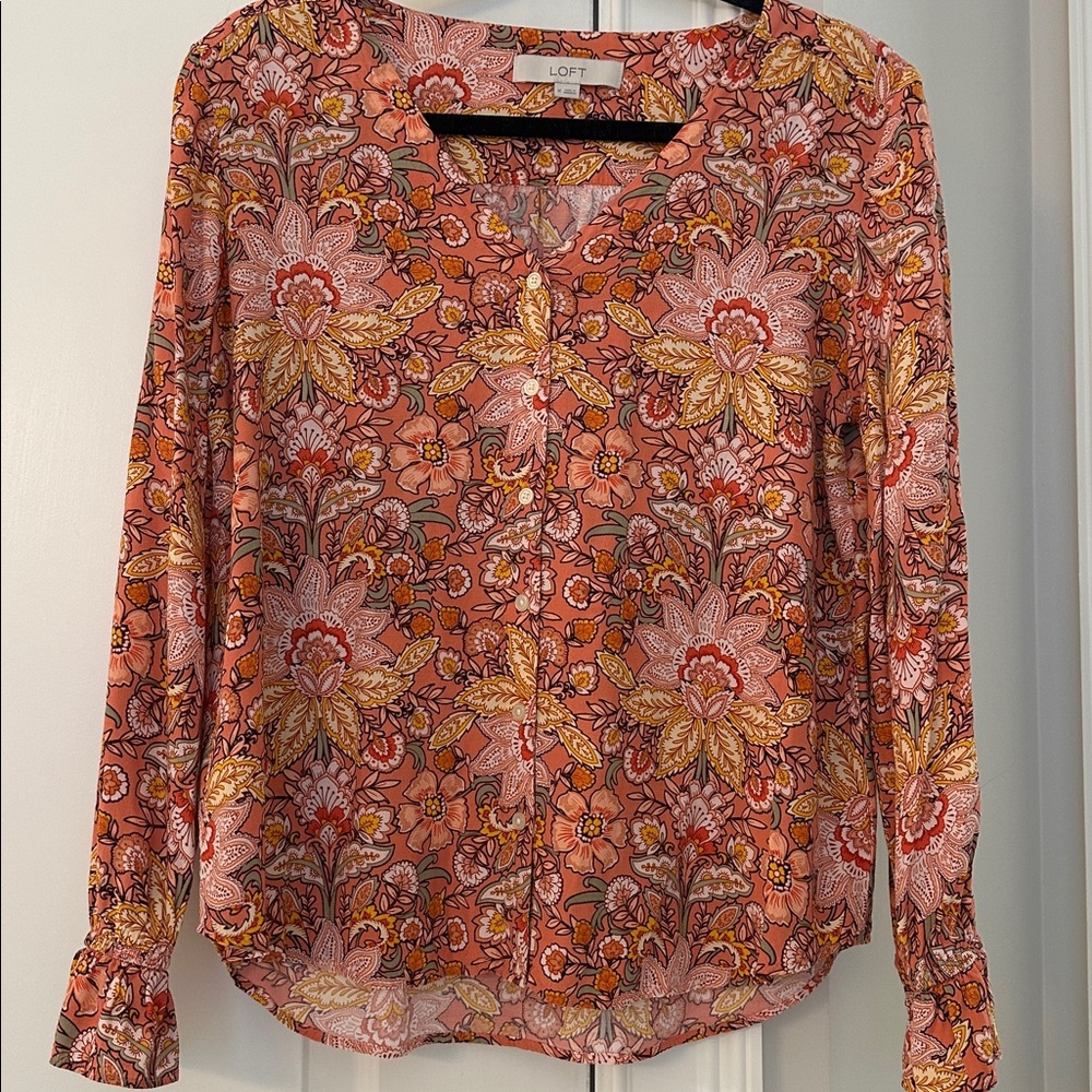 LOFT floral button down V Neck Top